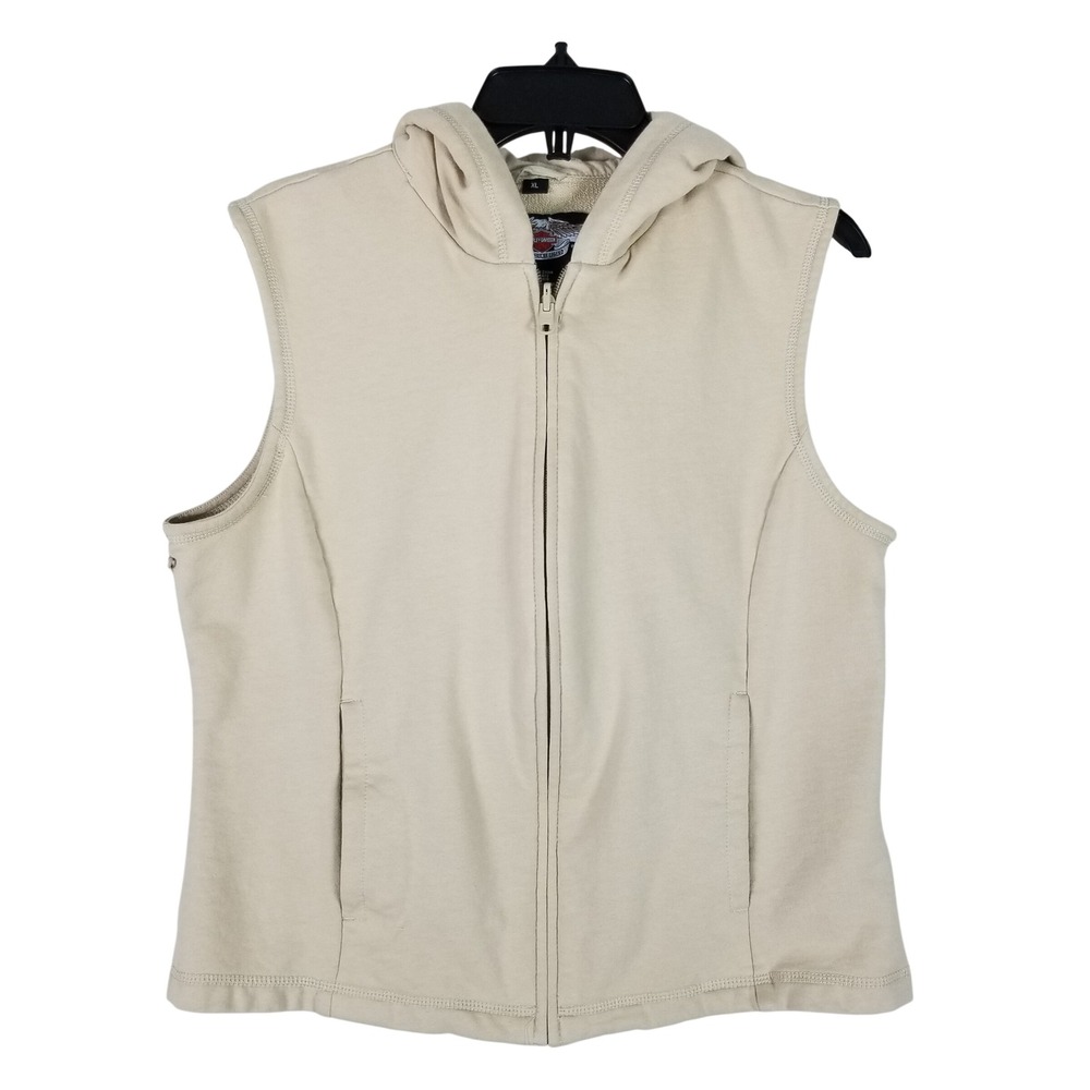 Harley-Davidson Sleeveless Hoodie Vest Women XL Tan Full Zip Moto Cotton 57s